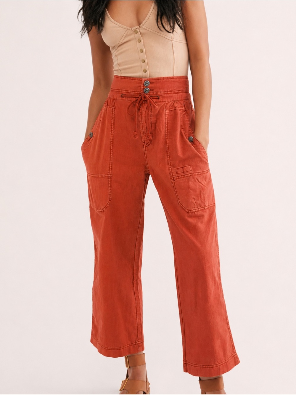 Free People Mohave Safari Pants Burnt Orange Wide Leg Utility Size 2